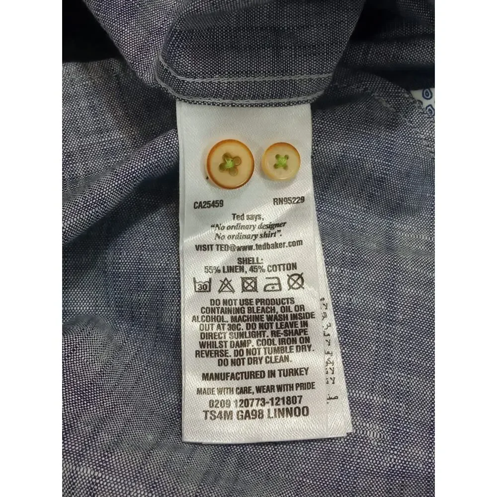 Ted Baker Men's Button Down Shirt Roll Tab Sleeves Linen Blue Size 6